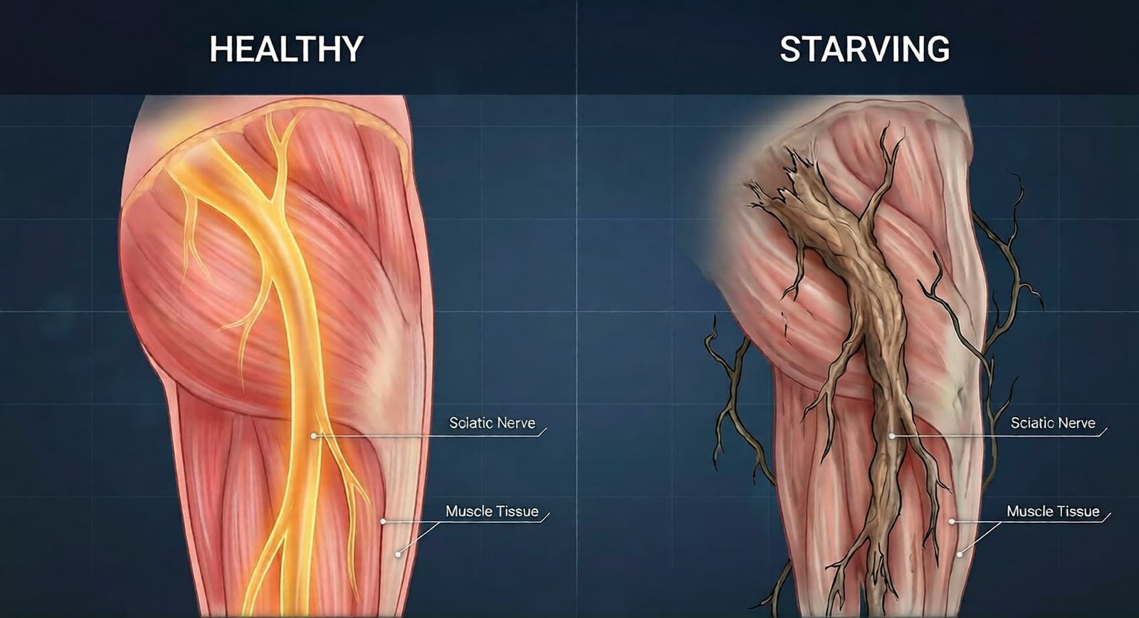 Illustration comparing supported nerve tissue with stressed nerve tissue