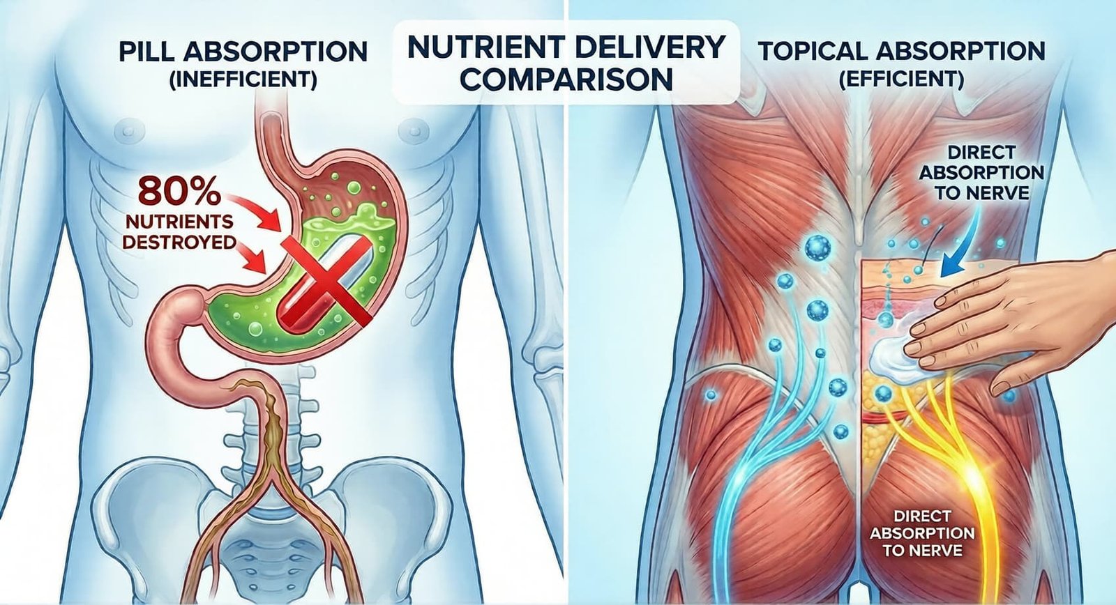 Illustration comparing pill delivery and topical application